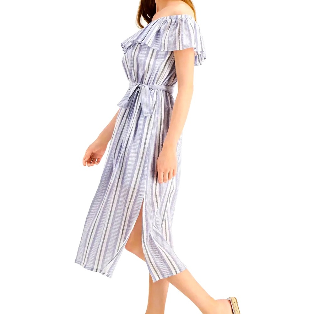 Michael Kors Ruffled Off-The-Shoulder Dress Light Blue White Grey Size Medium
